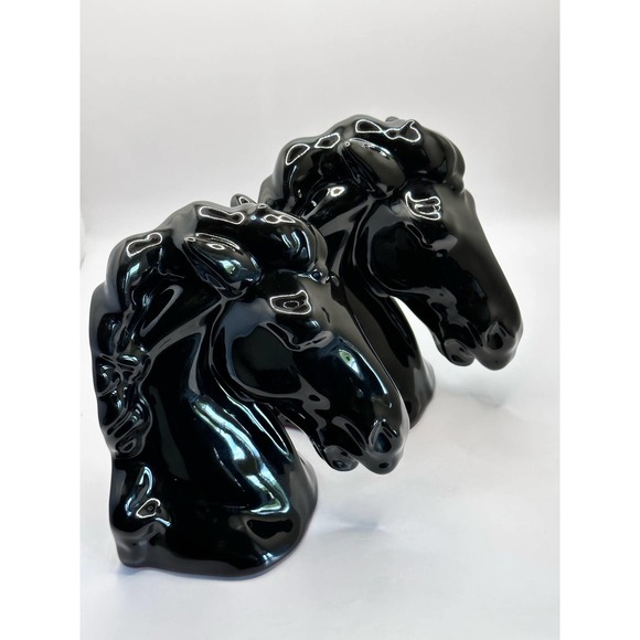 Mid Century Modern Glossy Ceramic Black Horse Head Bookends - Picture 10 of 13